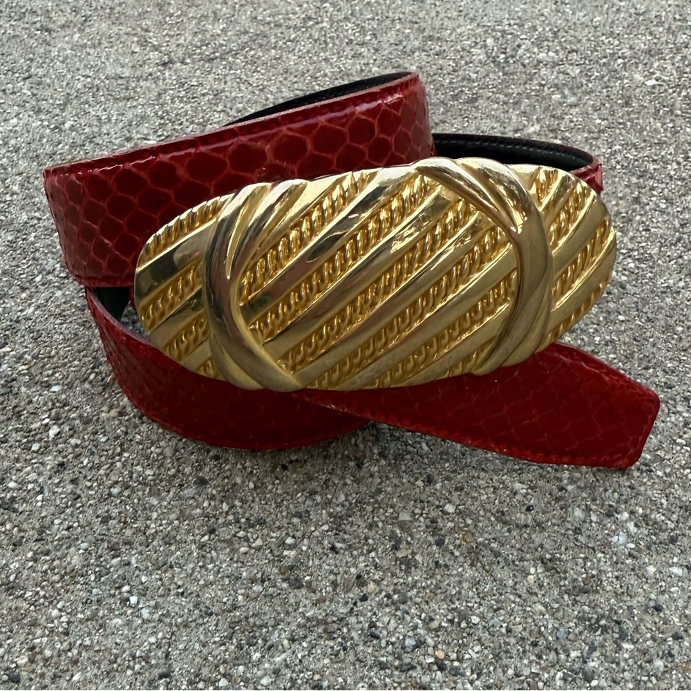 Leather Shop 88 genuine Snakeskin Leather Belt With Gold Tone Buckle red vintage